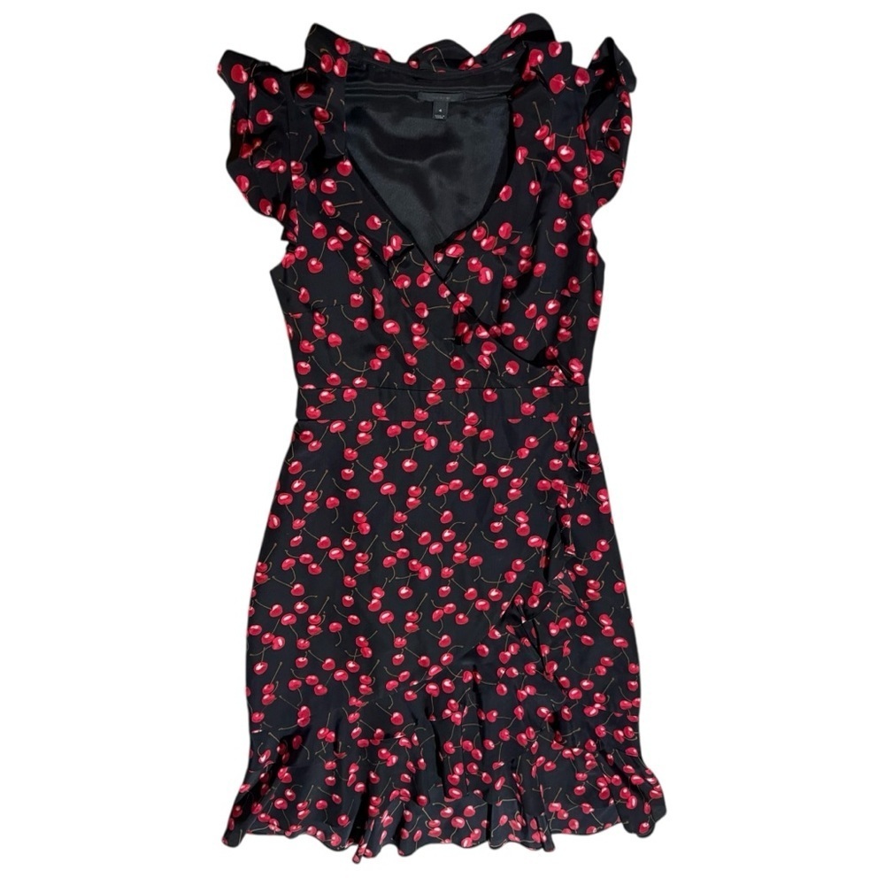 J Crew 100% Silk Cherry Print Wrap Dress Ruffle Sleeve Feminine Sz 4